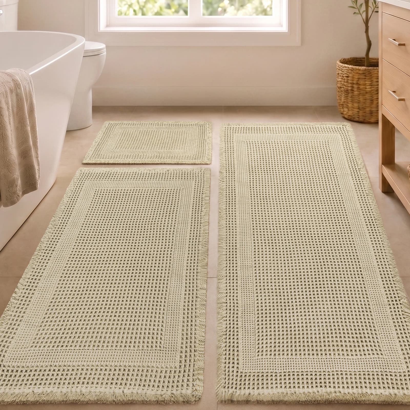 Waffle Bath Mat Set 3 Piece, Non Slip Bathroom Rugs, Super Absorbent Quick Dry Bath Mats, Machine Washable Boho Bathroom Rug Set with Tassels, image 1